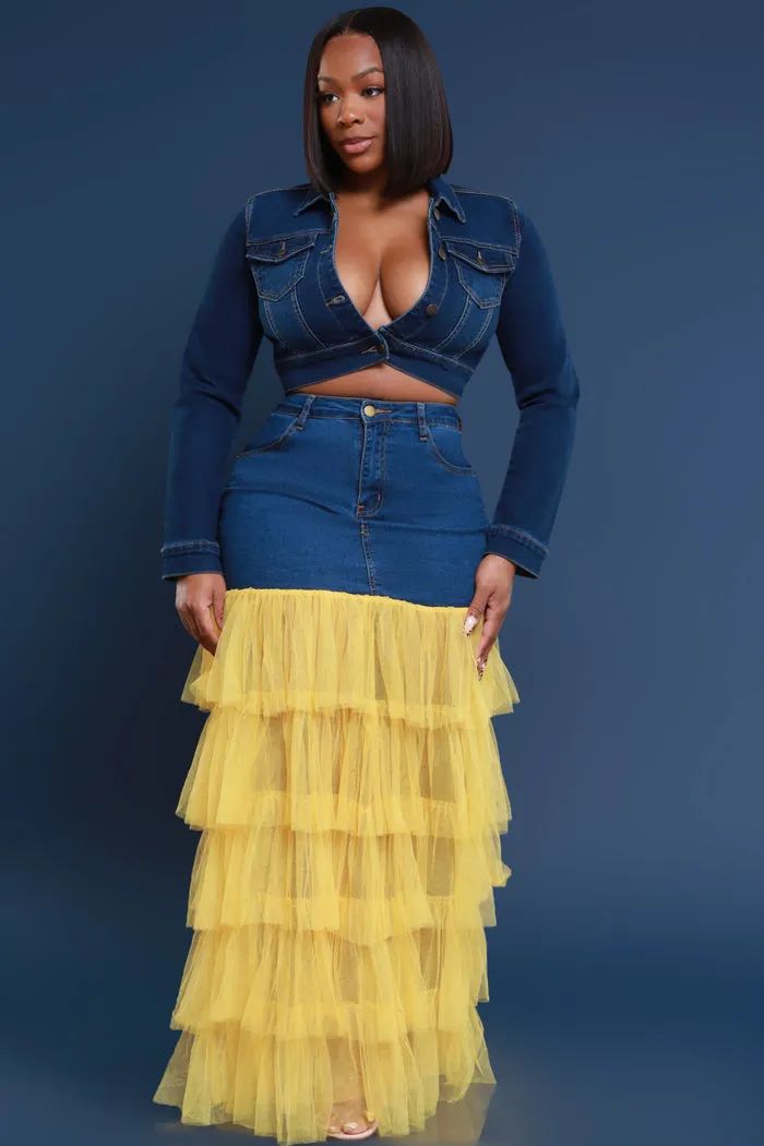 Deny Me This Ruffled Denim Maxi Skirt - Dark Wash/Yellow