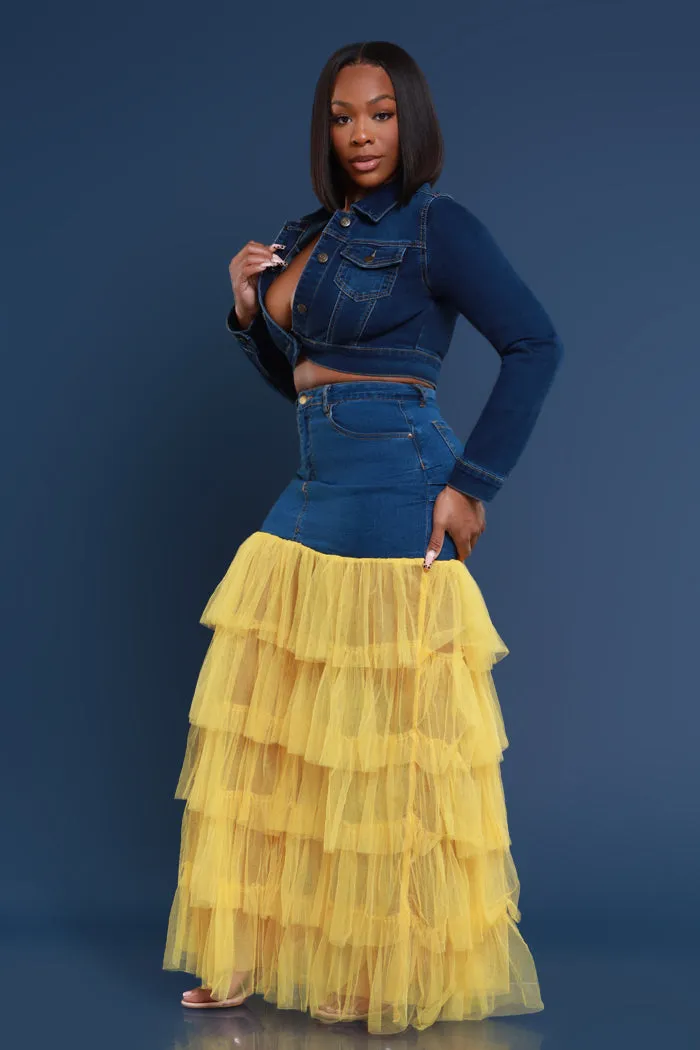 Deny Me This Ruffled Denim Maxi Skirt - Dark Wash/Yellow