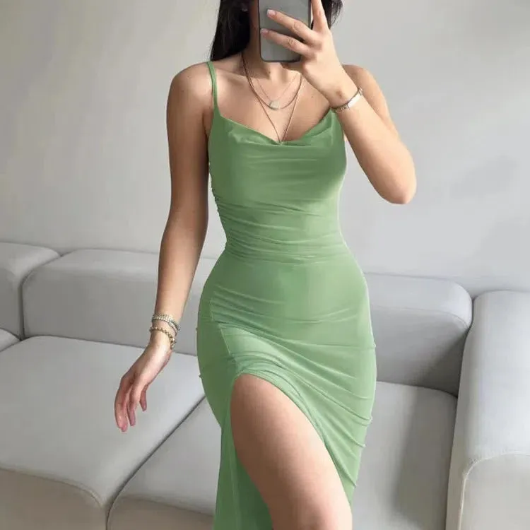 Elegant Solid Backless Slit Midi Dress for Summer Parties
