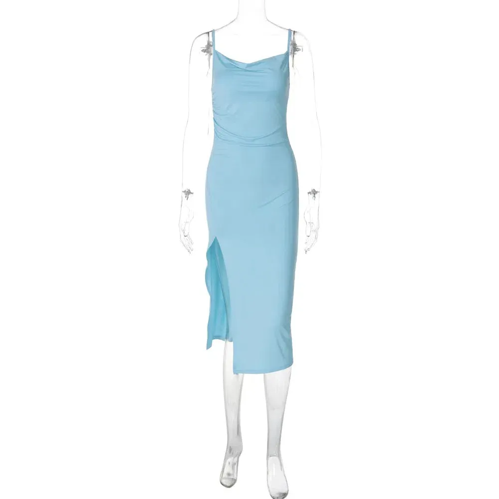 Elegant Solid Backless Slit Midi Dress for Summer Parties