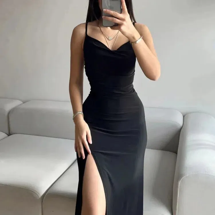 Elegant Solid Backless Slit Midi Dress for Summer Parties