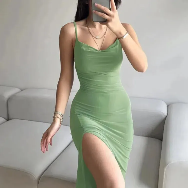 Elegant Solid Backless Slit Midi Dress for Summer Parties