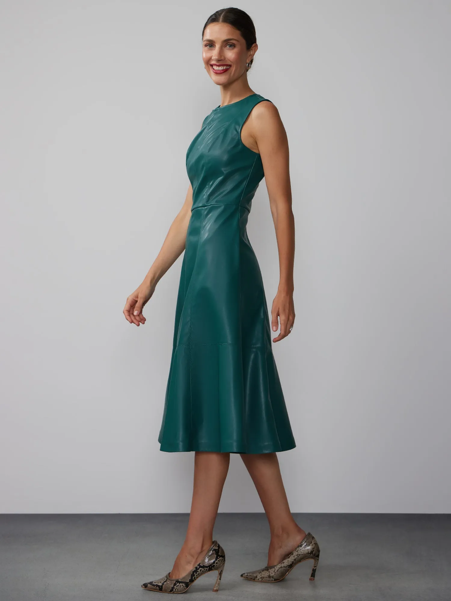 Faux Leather Sleeveless Fit And Flare Seamed Dress