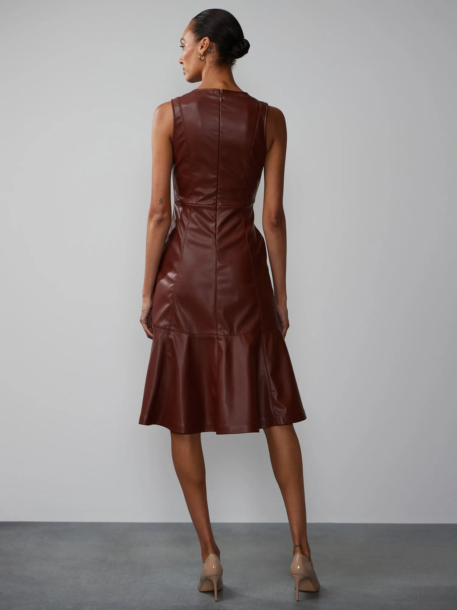 Faux Leather Sleeveless Fit And Flare Seamed Dress
