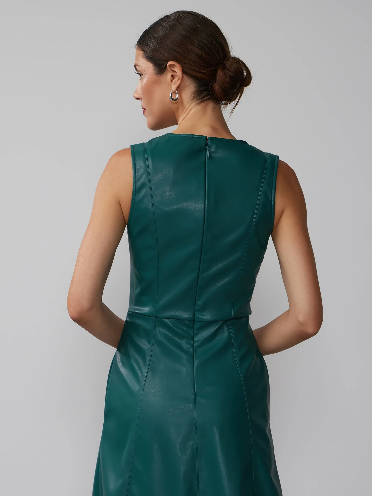 Faux Leather Sleeveless Fit And Flare Seamed Dress