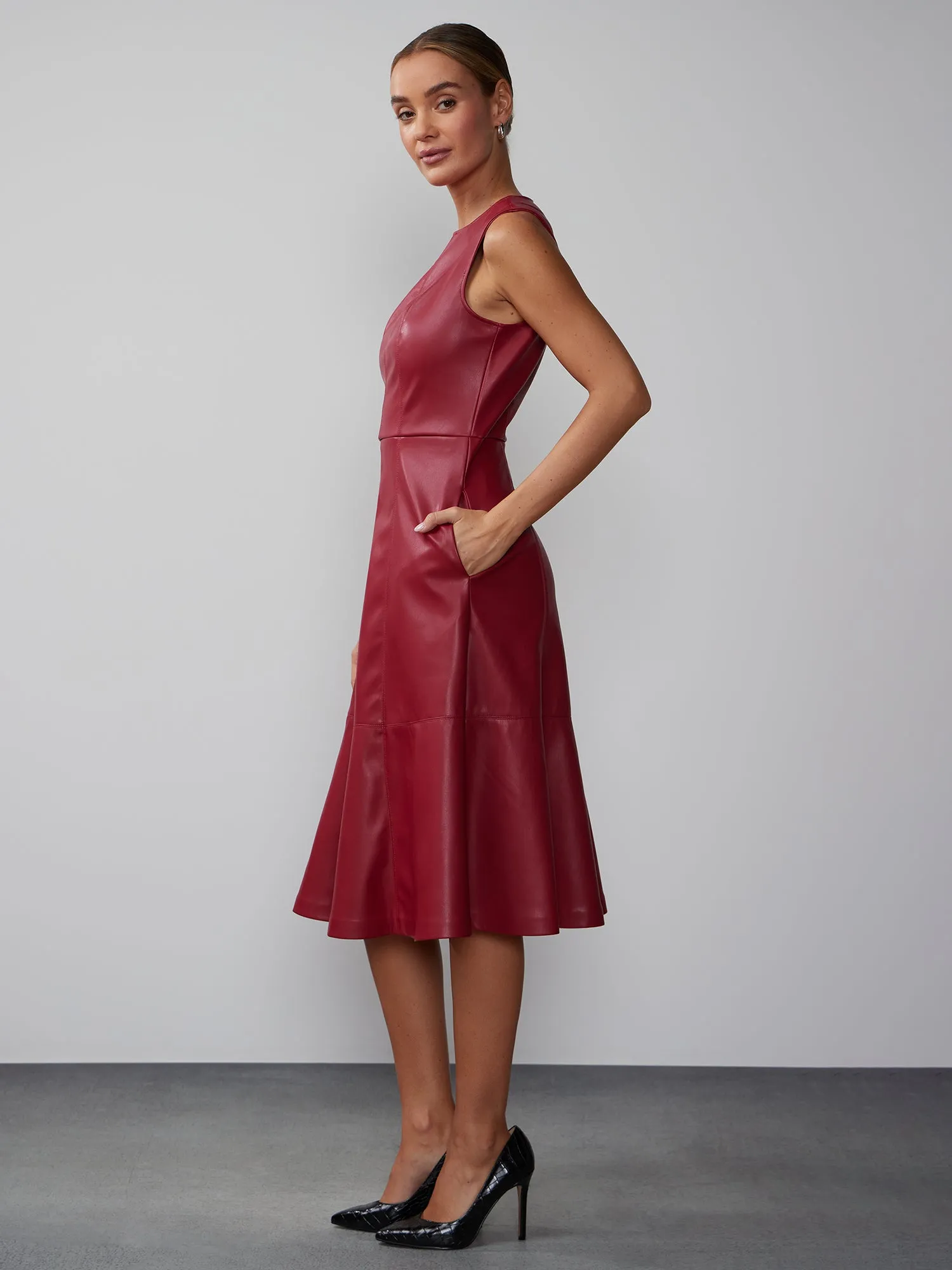 Faux Leather Sleeveless Fit And Flare Seamed Dress