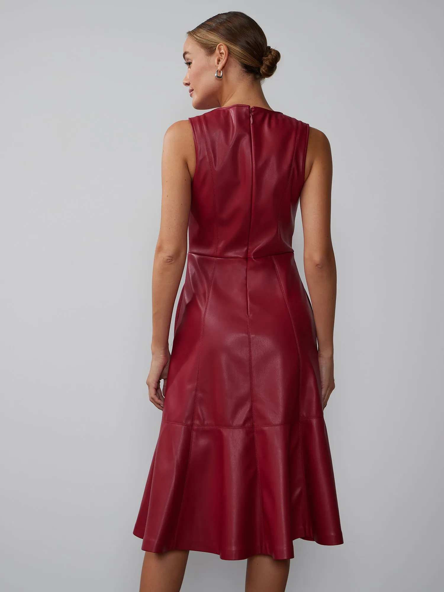 Faux Leather Sleeveless Fit And Flare Seamed Dress
