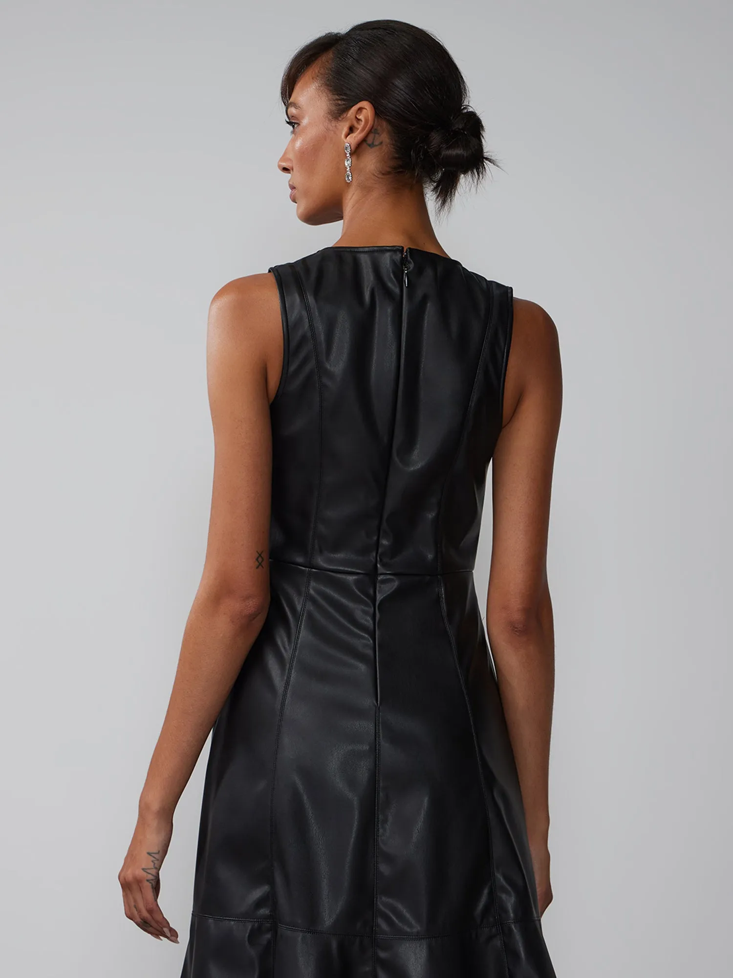 Faux Leather Sleeveless Fit And Flare Seamed Dress
