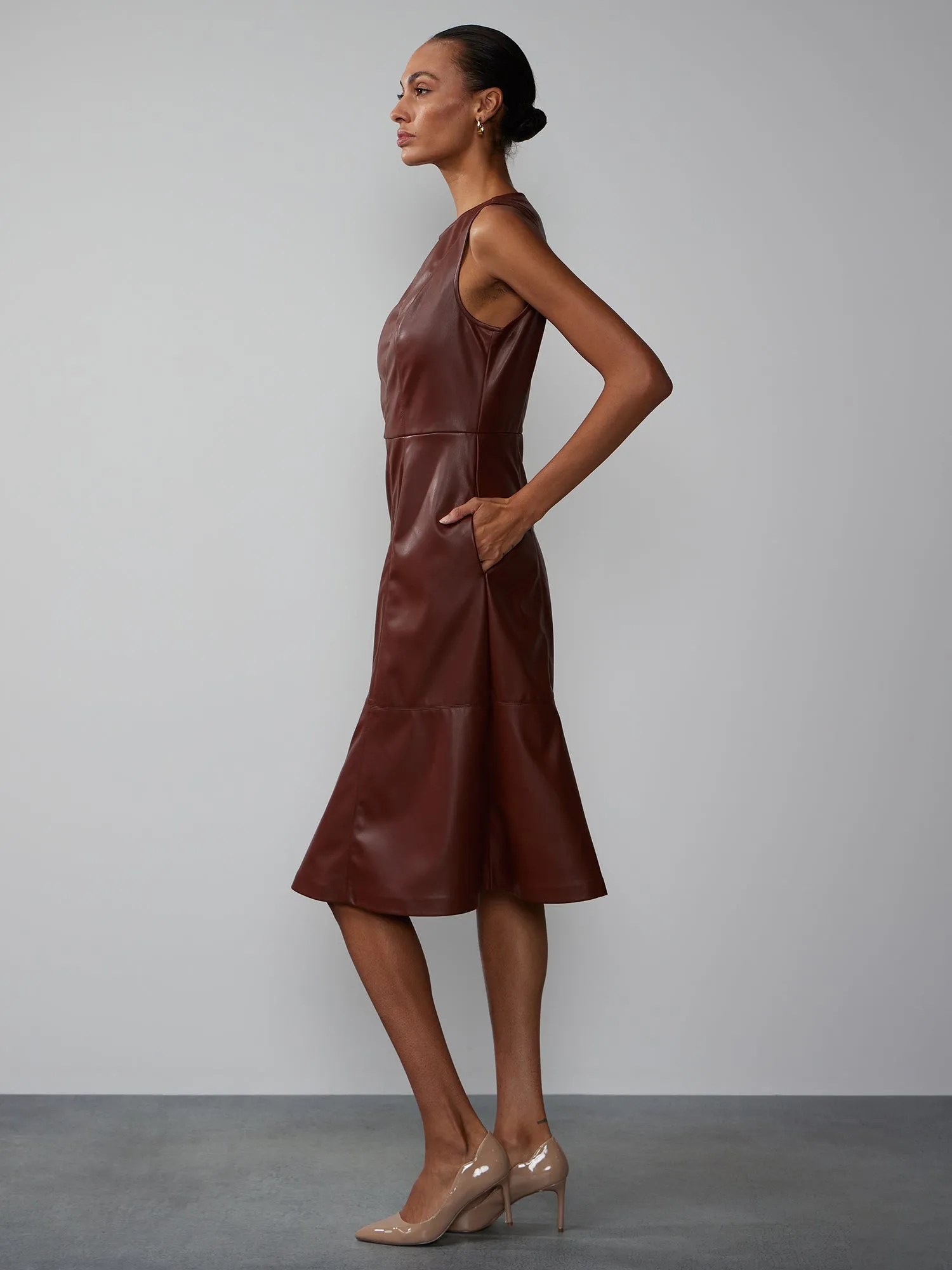 Faux Leather Sleeveless Fit And Flare Seamed Dress