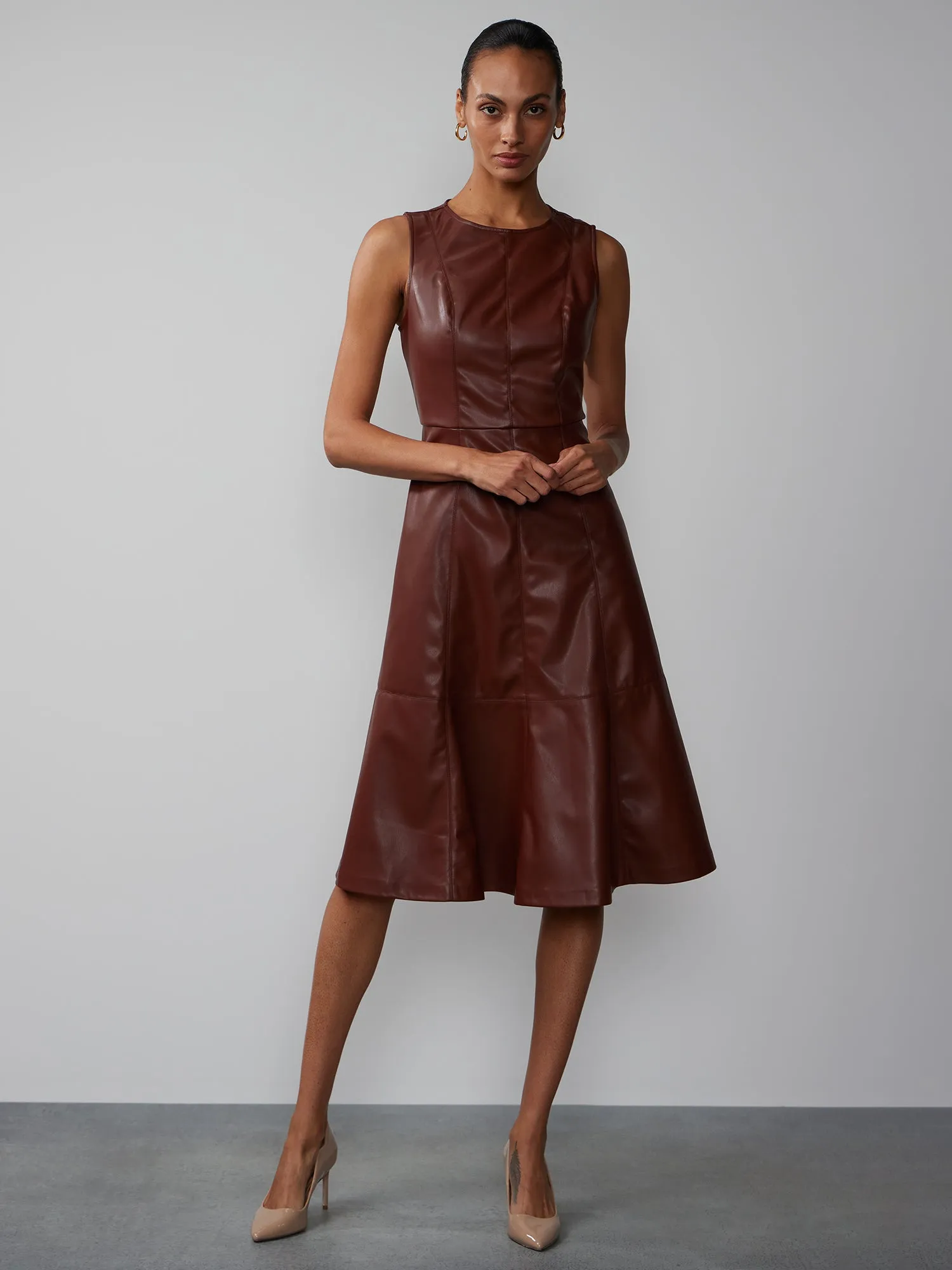 Faux Leather Sleeveless Fit And Flare Seamed Dress