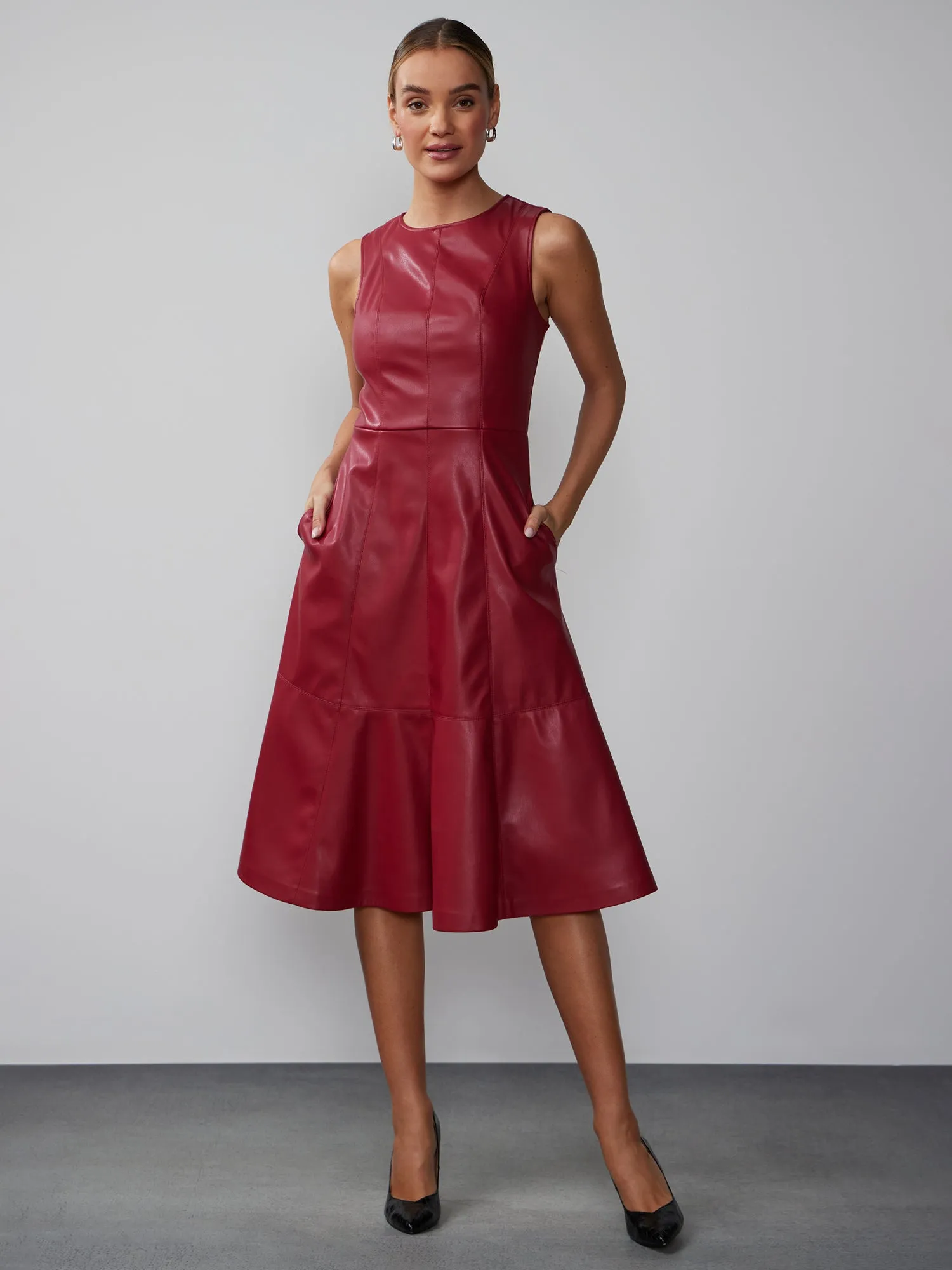 Faux Leather Sleeveless Fit And Flare Seamed Dress