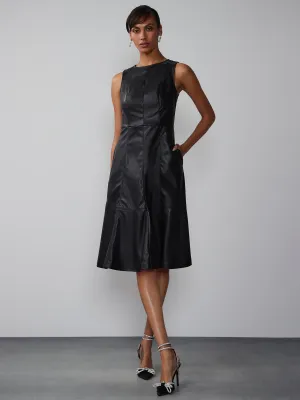 Faux Leather Sleeveless Fit And Flare Seamed Dress