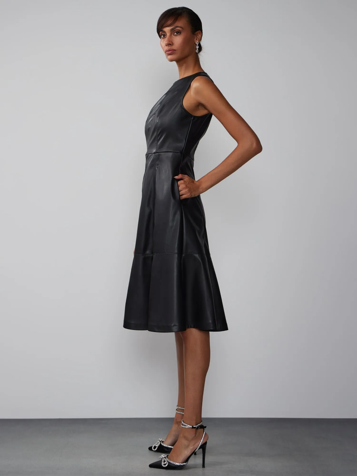 Faux Leather Sleeveless Fit And Flare Seamed Dress