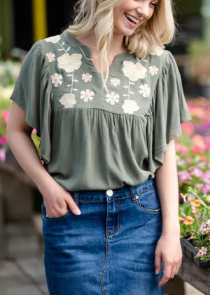 Floral Embroidered Ruffle Sleeve Top - FINAL SALE