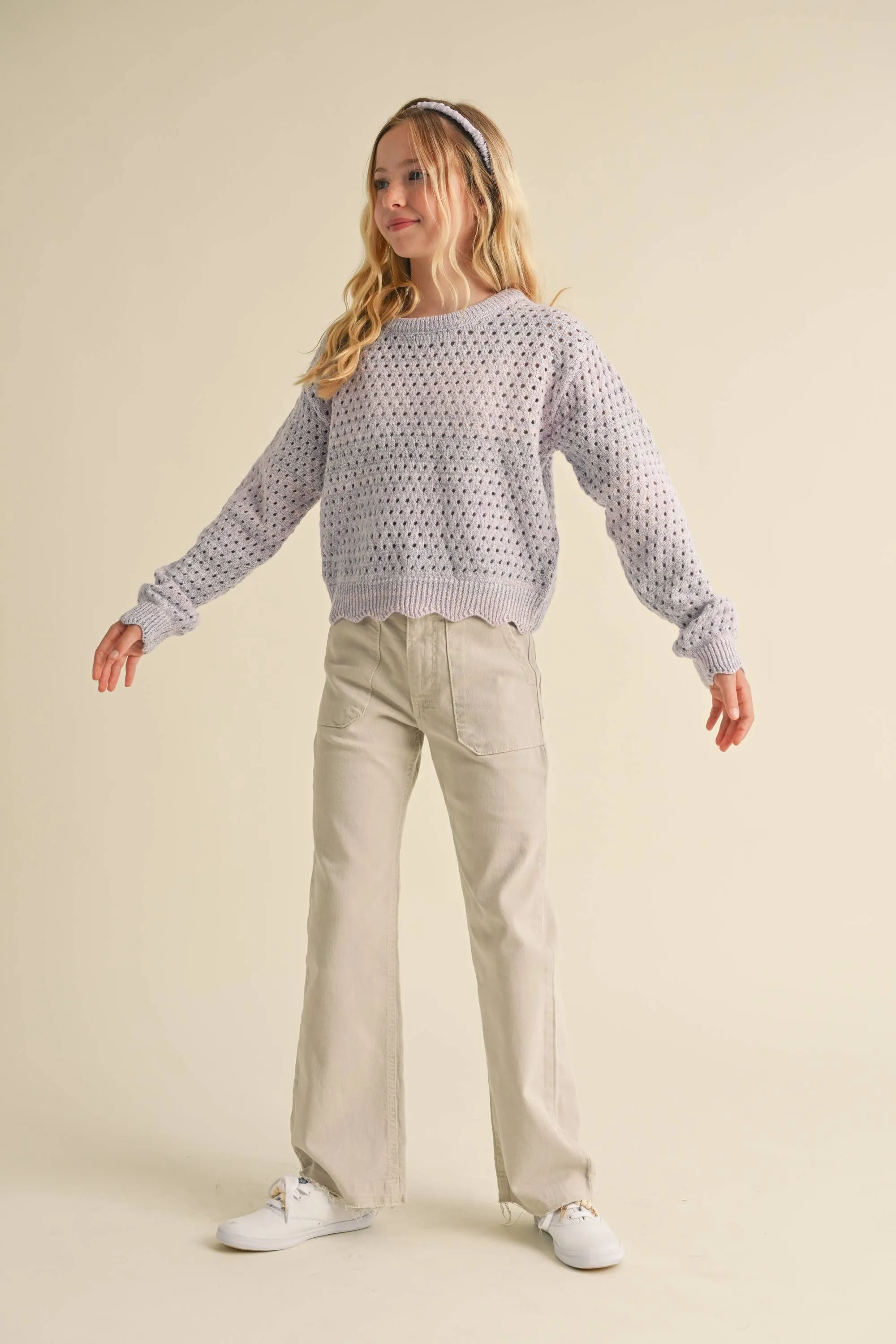 Girls Open Knit Pullover Color-blend Sweater