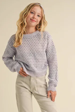 Girls Open Knit Pullover Color-blend Sweater