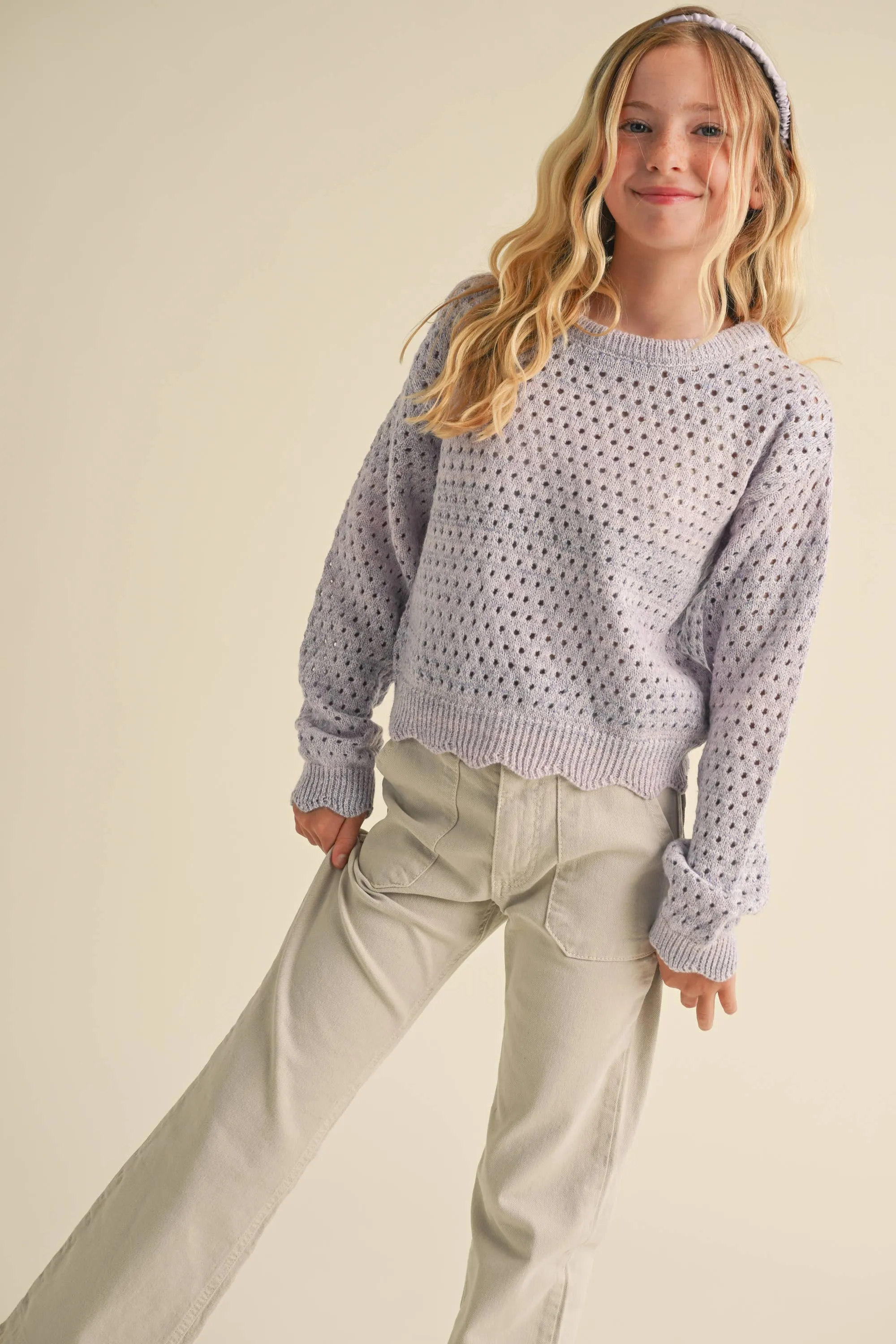 Girls Open Knit Pullover Color-blend Sweater