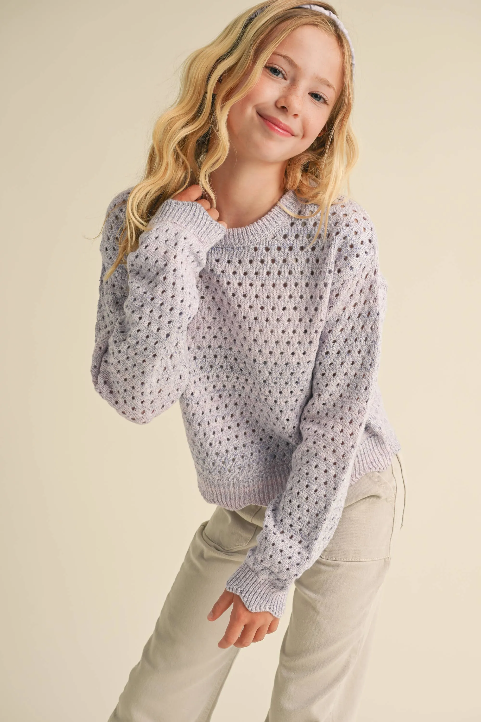 Girls Open Knit Pullover Color-blend Sweater