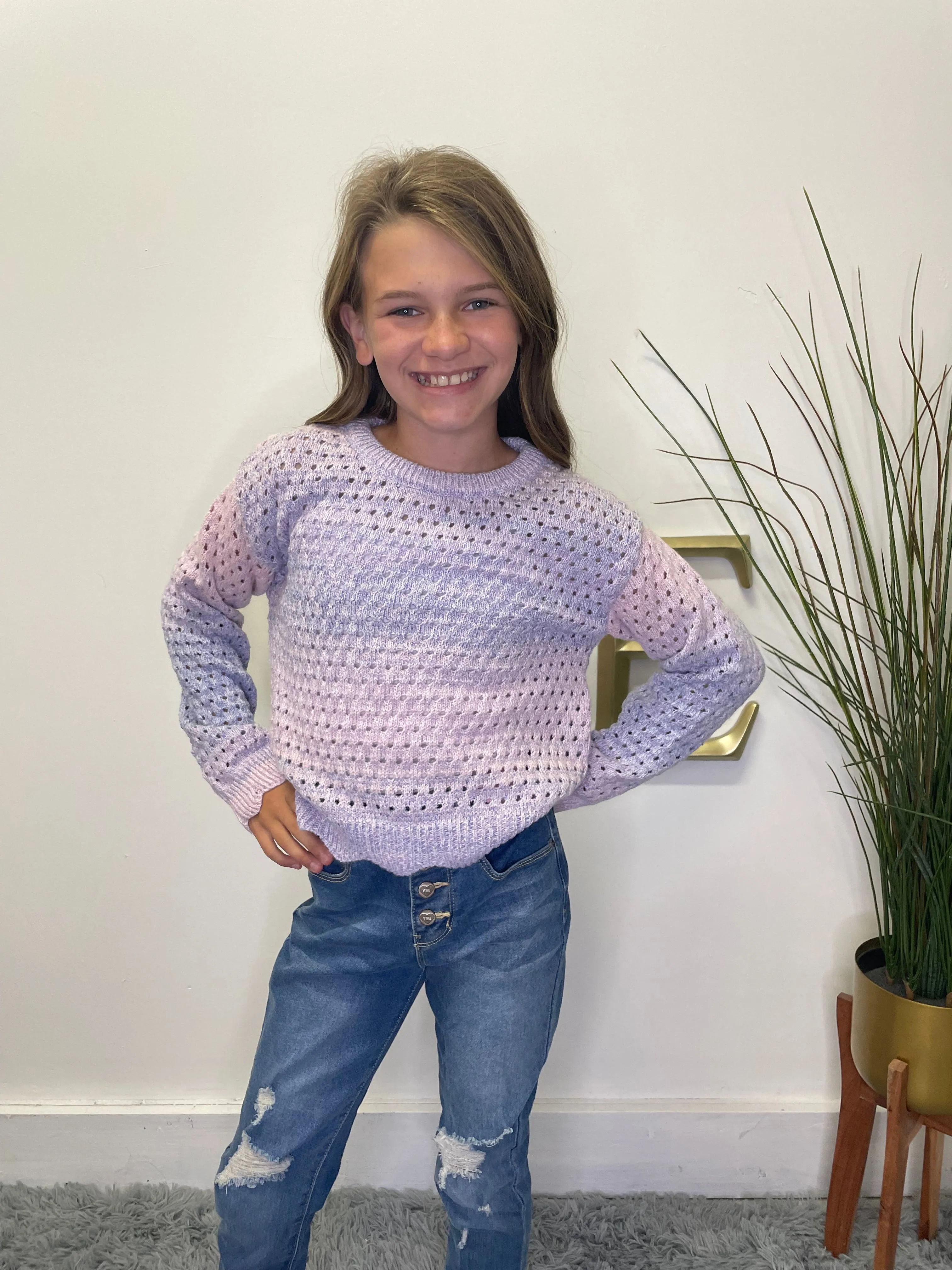 Girls Open Knit Pullover Color-blend Sweater