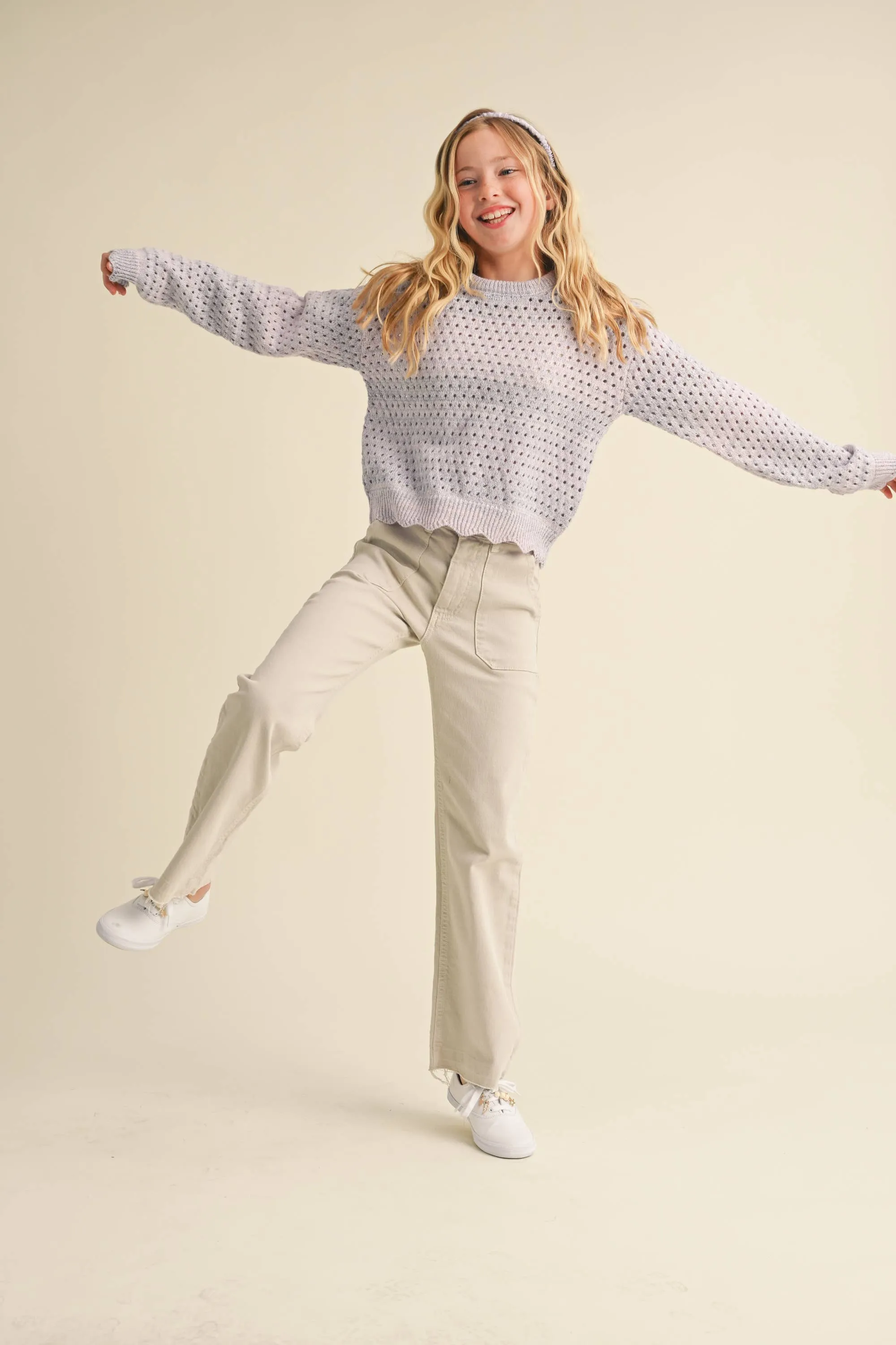 Girls Open Knit Pullover Color-blend Sweater