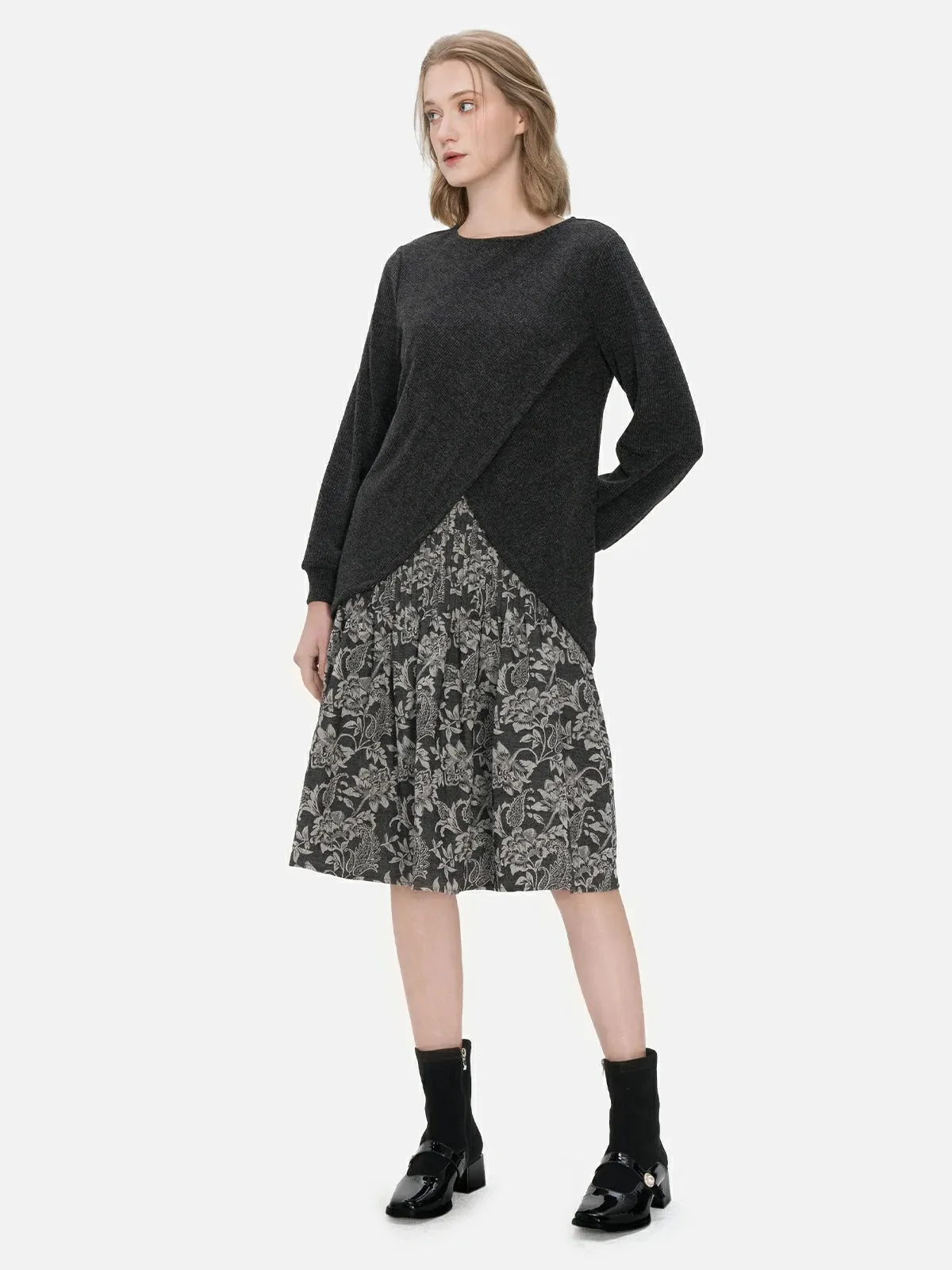 Graceful Jacquard Floral Print Dress Sweater Set