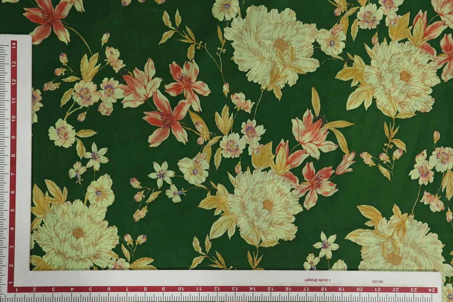 Green Floral Printed Cotton Cambric Fabric