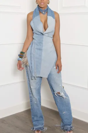 Half and Half light  Denim Halter Top