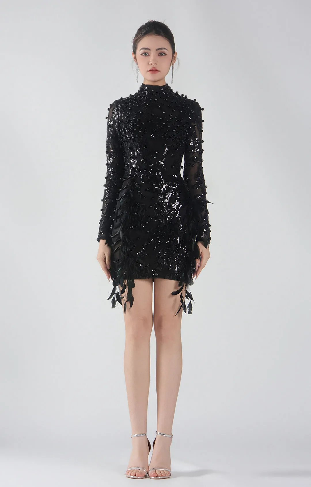 High-Neck 3D Beading Sheer Mesh Side Feather Mini Dresses