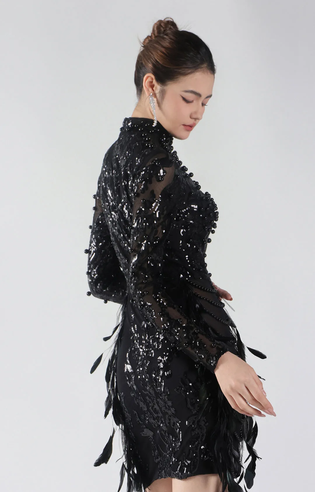 High-Neck 3D Beading Sheer Mesh Side Feather Mini Dresses