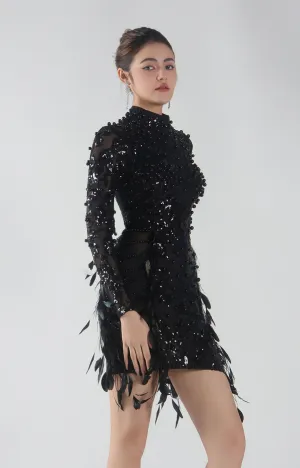 High-Neck 3D Beading Sheer Mesh Side Feather Mini Dresses