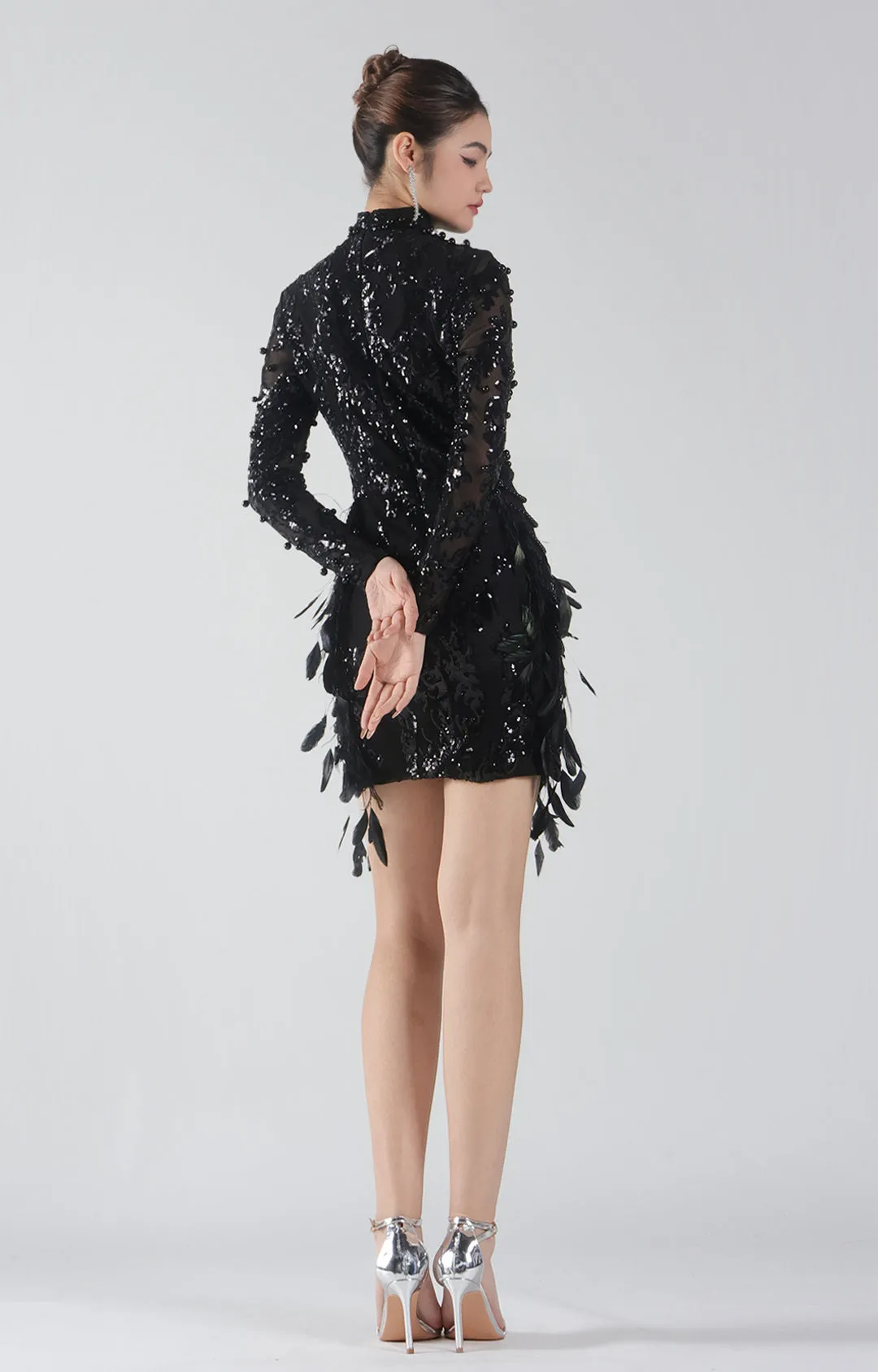High-Neck 3D Beading Sheer Mesh Side Feather Mini Dresses