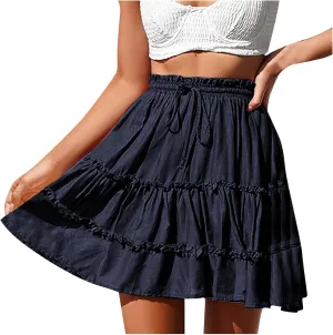 Lightweight Skirts for Women with Drawstring Layered Soft Flowy Swing High Waist Trendy Summer Beach Skirt