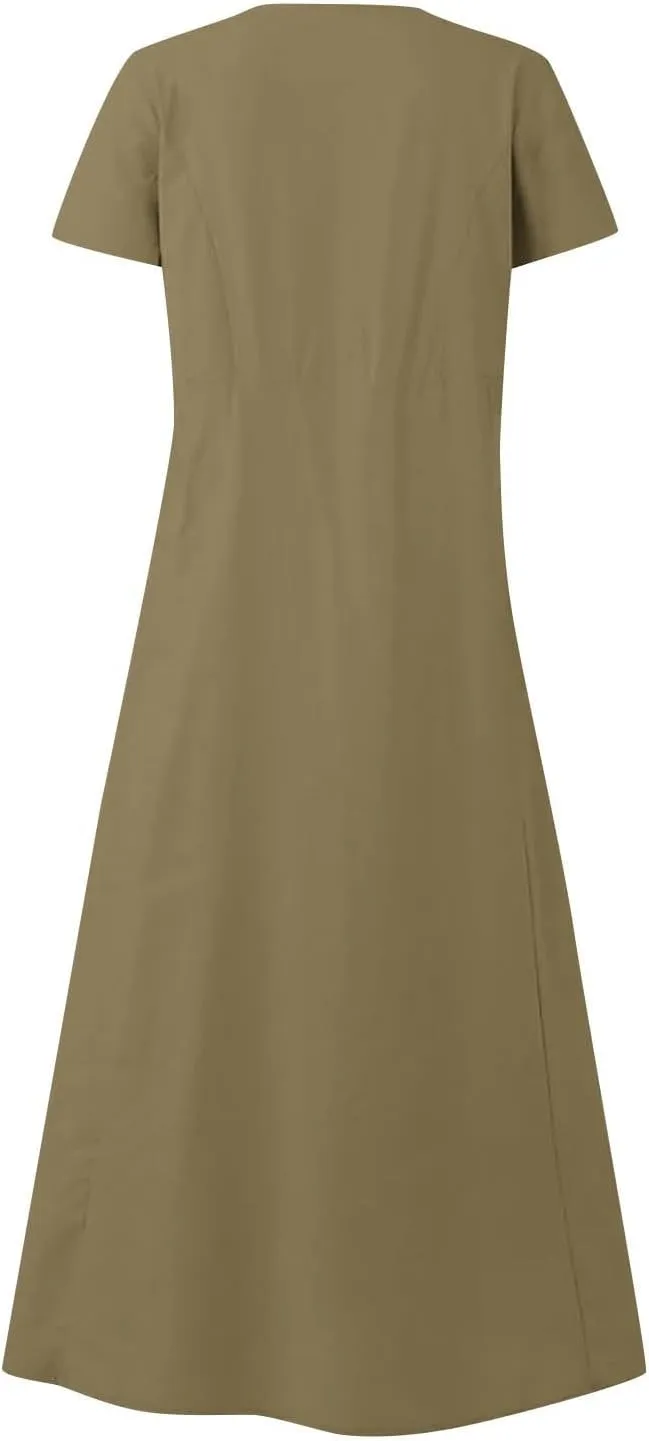 Linen Dress Women Long Short Sleeve Button Solid Cotton Flowy Dresses Plus Size Loose Comfy Maxi Dress with Pockets