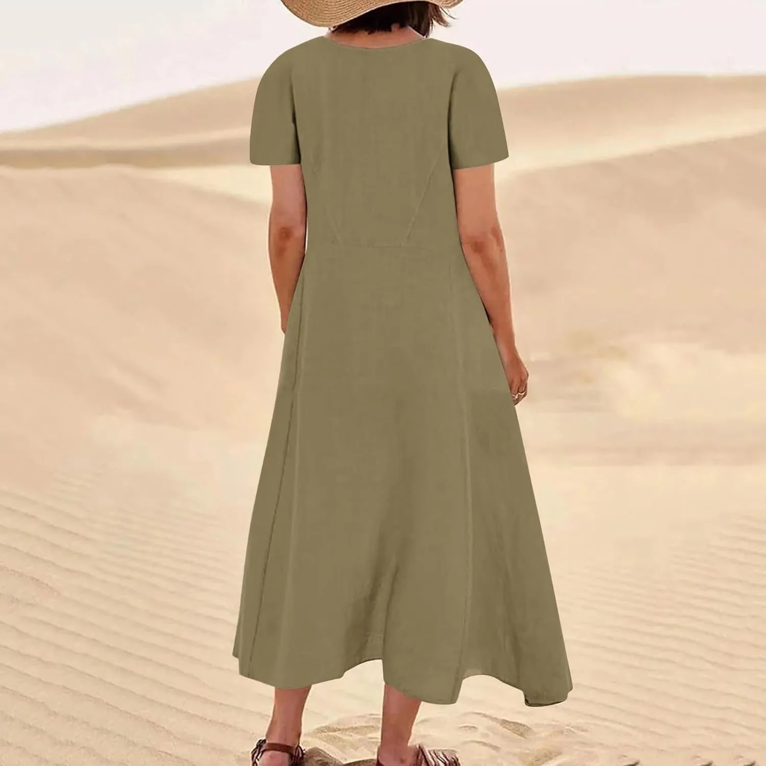 Linen Dress Women Long Short Sleeve Button Solid Cotton Flowy Dresses Plus Size Loose Comfy Maxi Dress with Pockets