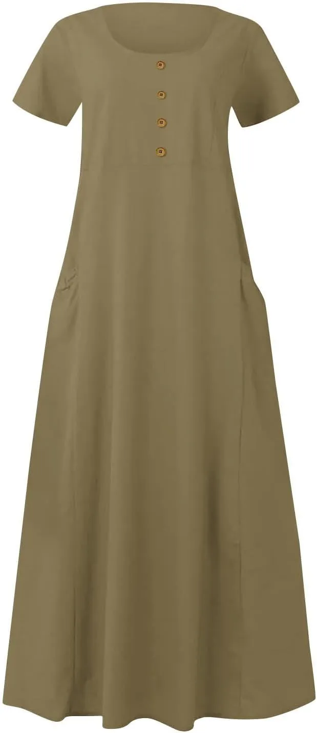 Linen Dress Women Long Short Sleeve Button Solid Cotton Flowy Dresses Plus Size Loose Comfy Maxi Dress with Pockets