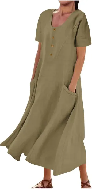 Linen Dress Women Long Short Sleeve Button Solid Cotton Flowy Dresses Plus Size Loose Comfy Maxi Dress with Pockets