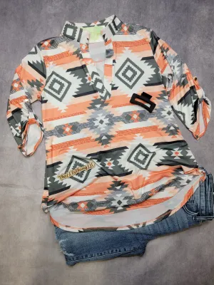 Mandarin Collar Aztec Print Top - Orange