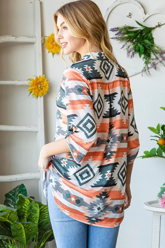 Mandarin Collar Aztec Print Top - Orange