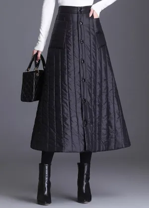Plus Size Black Button Pockets Fine Cotton Filled Skirts Winter