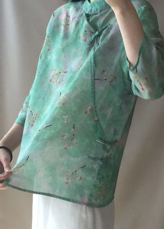 Plus size Light Green button Stand Collar print tops Spring