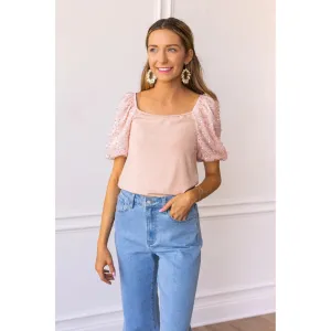 Rose Quartz Sparkle Puff Sleeve   Top