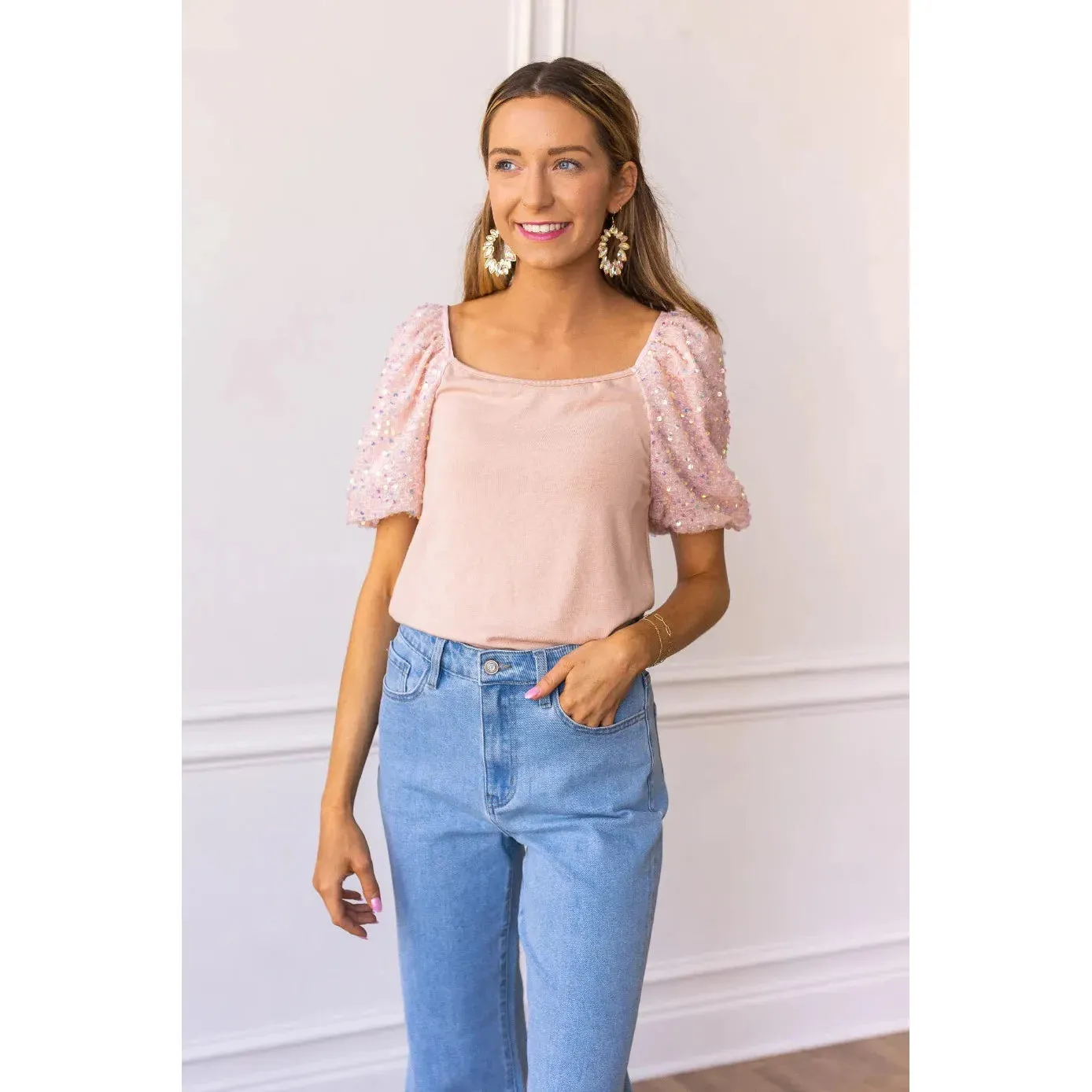 Rose Quartz Sparkle Puff Sleeve   Top