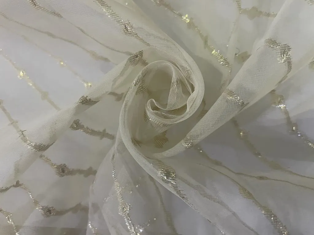 Silk organza fabric 44&quot; with gold jacquard stripe~ 30-40gms ~ Semi Sheer [11007]