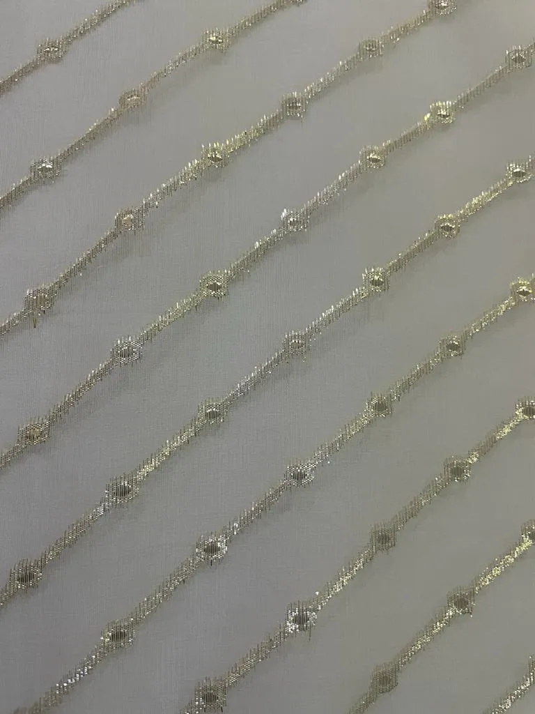 Silk organza fabric 44&quot; with gold jacquard stripe~ 30-40gms ~ Semi Sheer [11007]