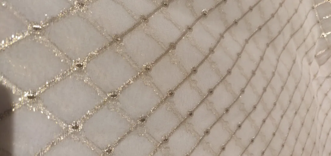 Silk organza fabric 44&quot; with gold jacquard stripe~ 30-40gms ~ Semi Sheer [11007]