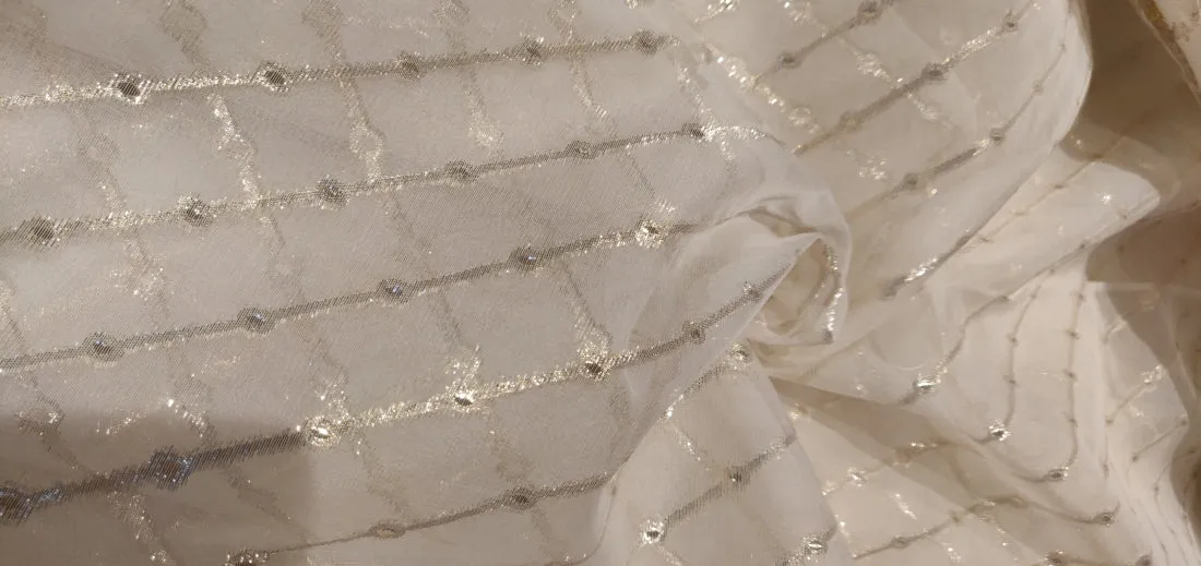 Silk organza fabric 44&quot; with gold jacquard stripe~ 30-40gms ~ Semi Sheer [11007]