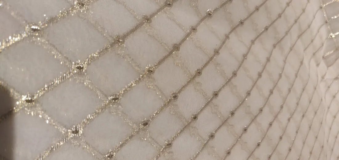 Silk organza fabric 44&quot; with gold jacquard stripe~ 30-40gms ~ Semi Sheer [11007]