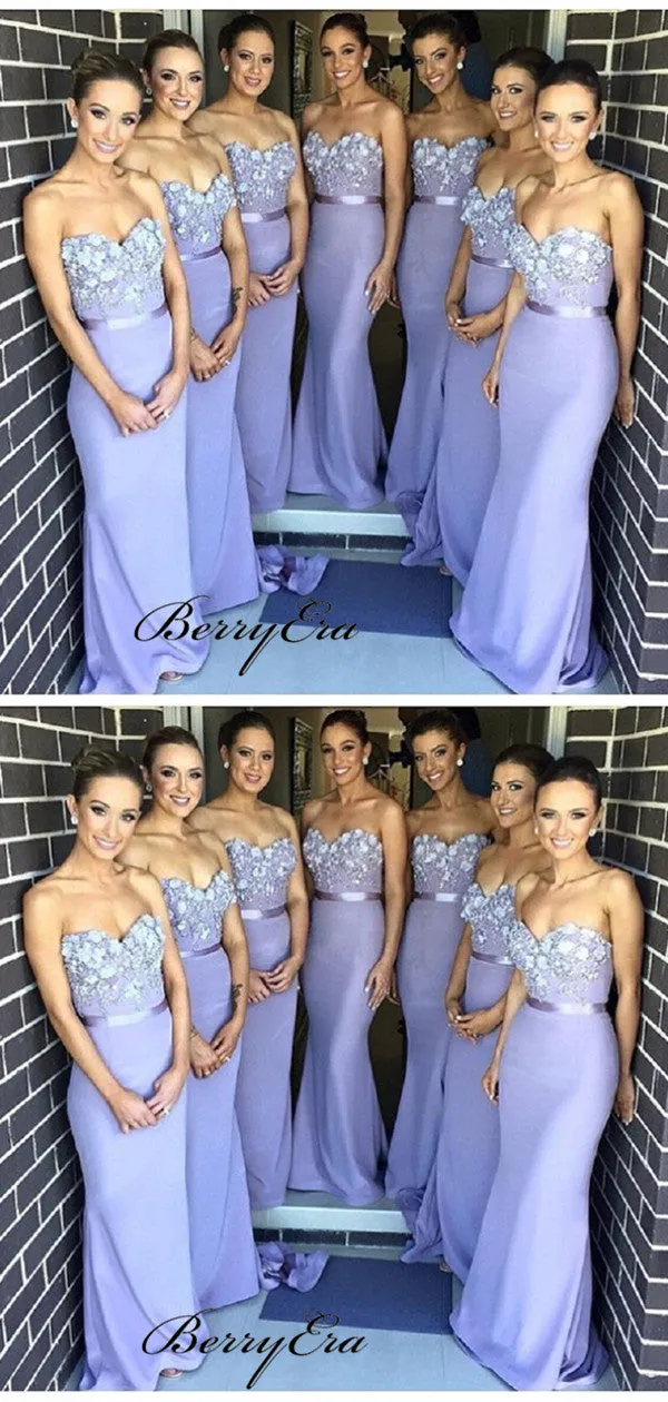 Strapless Elegant Bridesmaid Dresses, Fancy Appliques Mermaid Bridesmaid Dresses