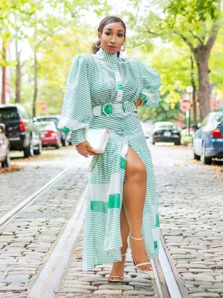 Striped Green Long Elegant Dress