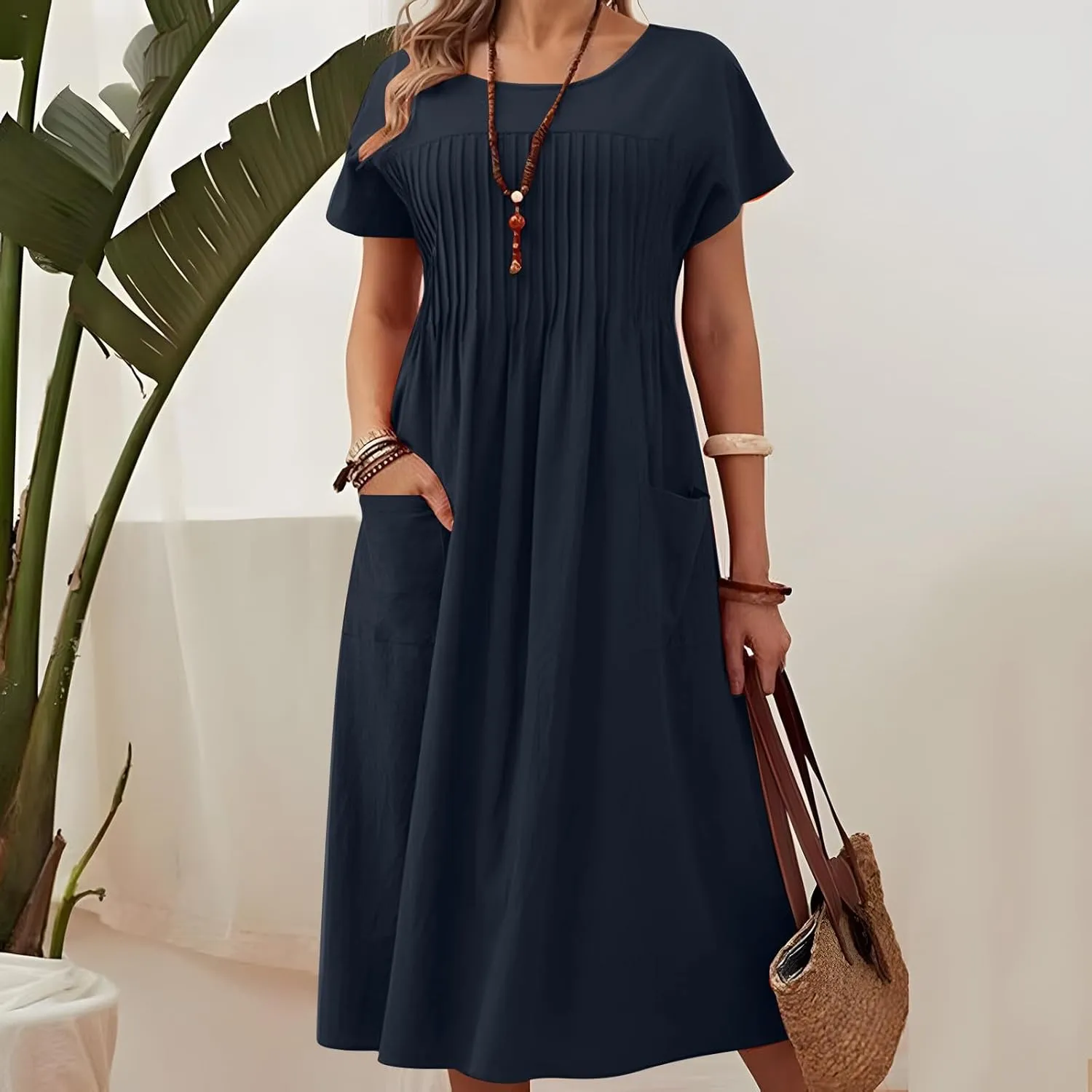 Summer Dresses for Women Cotton Linen Casual Trendy Pleated Midi Dress Loose Short Sleeve Beach Dress with Pockets
